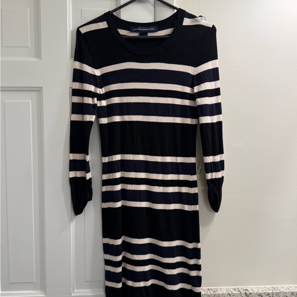 French Connection Striped Long Sleeve Dress in Black and Cream